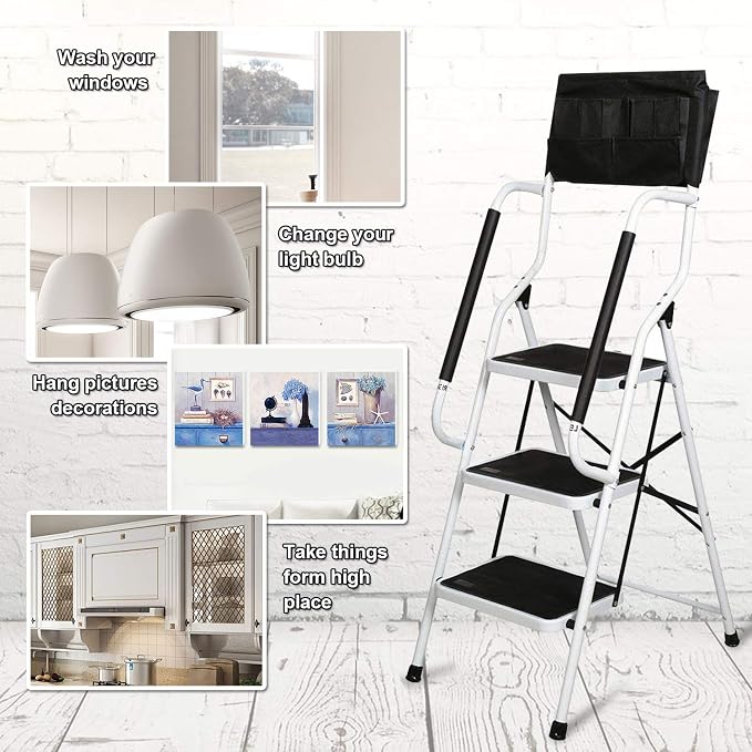 Wiberwi 3 Step Ladder with Handrails 500 lb Capacity Step Stool Folding Portable Ladders for Home Kitchen Steel Frame with Non-Slip Wide Pedal Stepladder with Attachable Tool Bag White