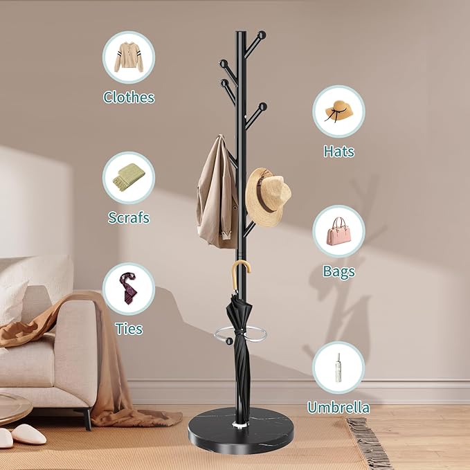 OIRUMIE Coat Rack with Natural Marble Base, Metal Coat Racks Freestanding, Modern Coat Rack Stand with 8 Hooks& Umbrella Holder, Black Coat Clothes Tree Hats Hanger Stand for Entryway, Hallway