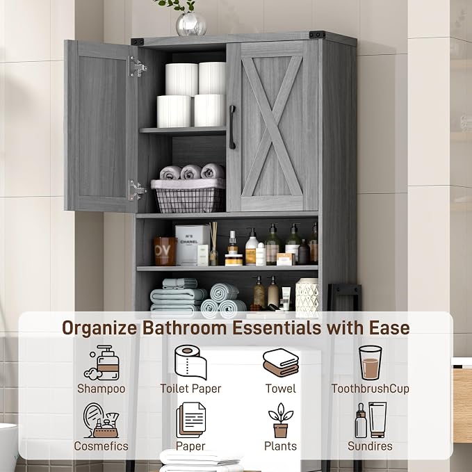 Vabches Over The Toilet Storage Cabinet, Farmhouse Over Toilet Storage Cabinet, Metal Frame with 2 Barn Doors, Home Space-Saving Toilet Rack for Bathroom, Toilet, Laundry Room.