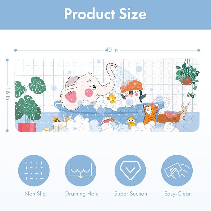 AmazerBath Baby Bath Mat Non Slip, Cartoon Kids Bath Mat for Tub 40 x 16 Inches Full Size, Non Slip Bathtub Mat with Suction Cups and Drain Holes, Shower Stall Mats - Elephant