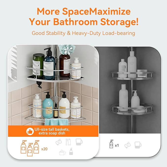 Corner Shower Caddy Tension Pole Rustproof, 4 Tier Adjustable Shower Organizer Tension Pole, 25-125 Inch Bathroom Shower Organizer for Bathtub Shampoo Storage, Silver