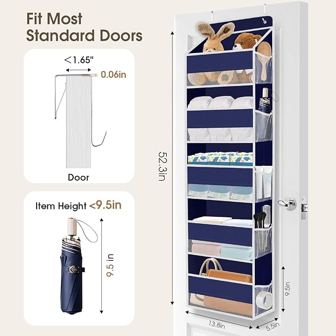 SpaceHacks 1 Pack Over The Door Organizer, Hanging Storage Organizer with Clear Window, 40lb Ultra Sturdy Large Capacity Room Organizer for Pantry Laundry Bathroom Nursery Closet (Blue)