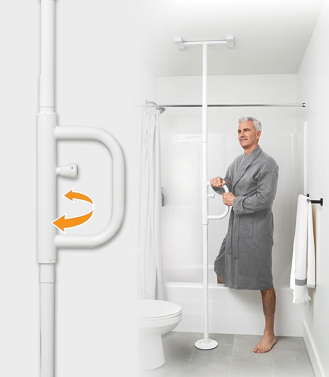 Stander Wonder Pole, Security-Pole and Curve Grab Bar, Tension Mounted Floor to Ceiling Transfer-Pole for Seniors, Elderly Adults, Bathroom Safety Assist and Stability Rail, White
