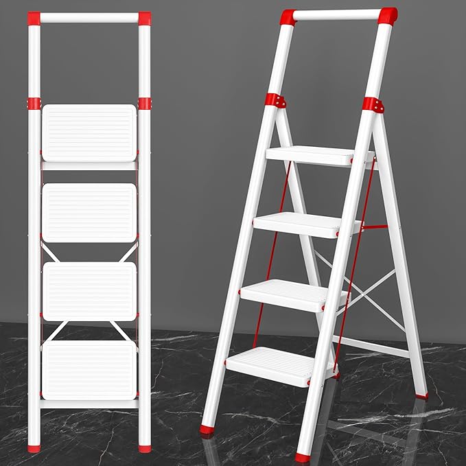 Foldable Step Ladder Stool for Home,4 Step Stool with Wide Anti-Slip Pedal, Heavy Duty 600Lbs Ladder for Indoor Kitchen Closet Stair Use, White Red