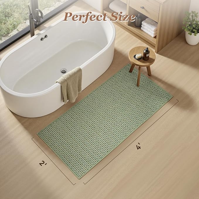 AMOAMI Unique Woven Bathroom Runner Rug, Super Absorbent Non Slip Bath Mats for Bathroom Textured Bathroom Mat Quick Dry Boho Rugs Runners for Hallyways Kitchen Bedroom Beside Tub, 2' x 4', Sage