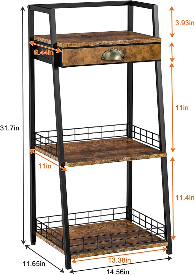keomaisyto 3-Tier Bathroom Shelves with Canvas Drawer, Floor Bathroom Storage Shelf, Small Storage Stand Rack, Freestanding Ladder Shelf for Living Room Bedroom, Rustic Brown
