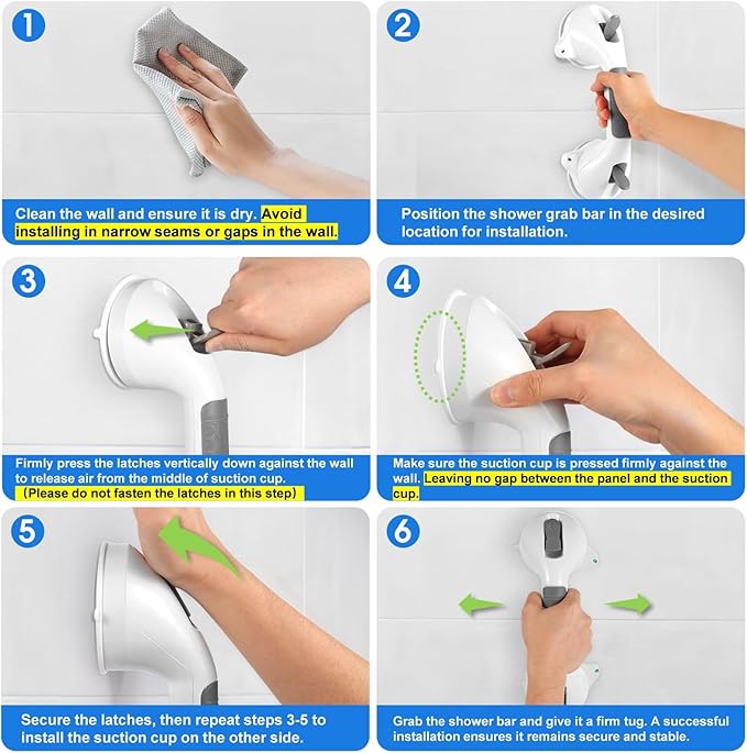 Suction Grab Bar with Safety Indicator for Bathtub Shower Bathroom, Heavy Duty Handrail Removable Reusable for Elderly Disabled and Kids, Anti-Slip Grip, No Drilling Tool Free, Waterproof Grey