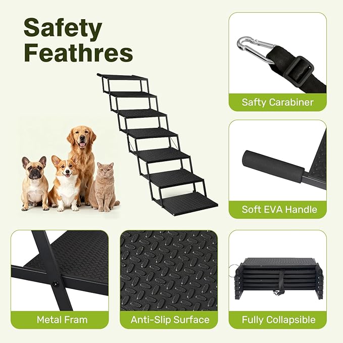 Foldable Dog Car Steps - Upgraded Non-Slip Pet Stairs for Large Dogs, Portable Metal Frame Dog Ramps for High SUV, Truck and Cars, Lightweight Pet Ladder with High Load-Bearing Capacity (7 Steps)