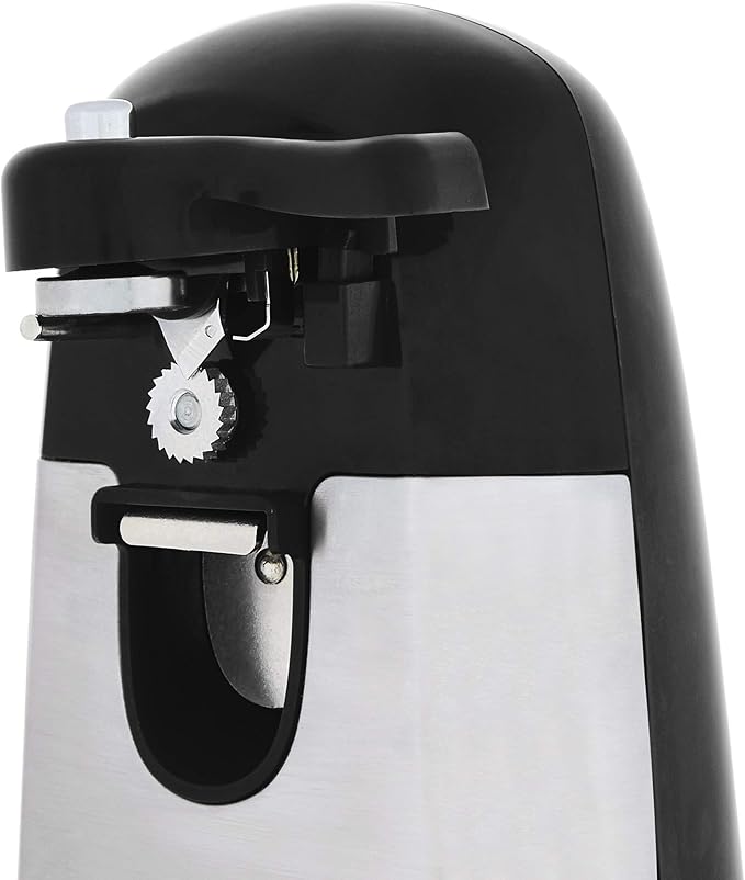 Amazon Basics 3-In-1 Electric Can Opener, Bottle Opener and Knife Sharpener with Stainless Steel Blade, Magnetic Lid Holder, Safe, Easy to Use, Powerful, Sleek Design, 50W, Black