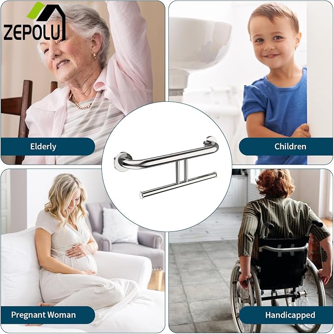 Polished Chrome Grab Bar for Bathroom 17 Inch, Zepolu Stainless Steel 2-in-1 Safety Handrail w/Double Toilet Paper Holder, Wall Mounted Balanced Support Bar Assist Handle for Senior Elderly Handicap