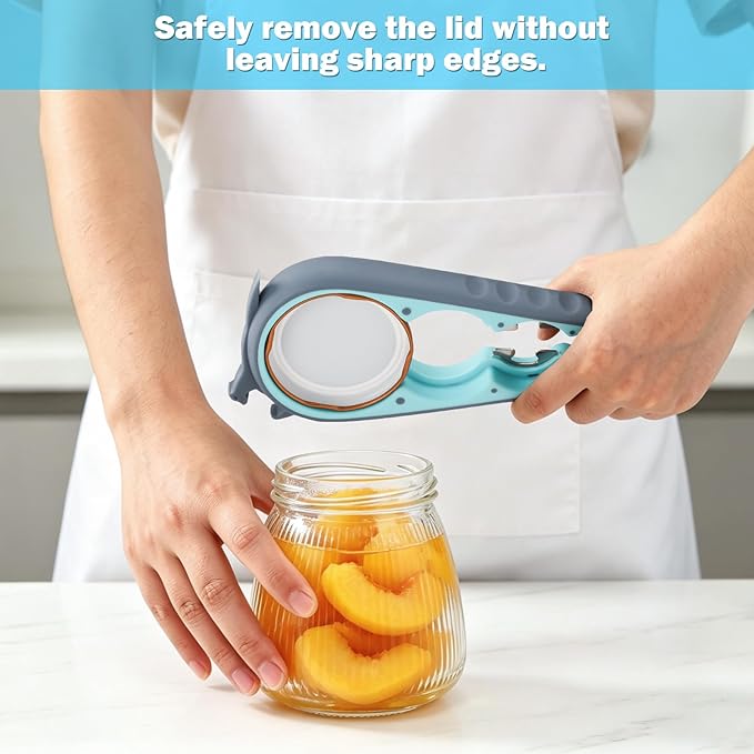 Jar Opener Set - 6-in-1 Adjustable Jar Opener Can Opener, 4-in-1 Bottle Opener Lid Opener & Rubber Jar Gripper, Multifunctional Kitchen Gadget for Seniors, Arthritis, Weak Hands (Blue&Grey)