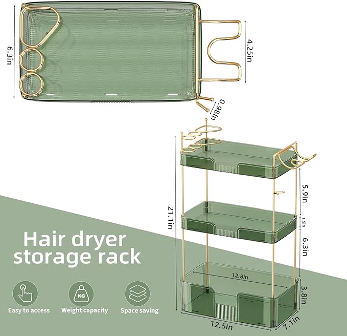 Akinbas 3 Tier Bathroom Organizer Countertop Makeup Perfume Tray Skincare Organizer Comes with Hair Dryer Rack and Toothbrush Holder for Bathroom Dresser Vanity (Green)