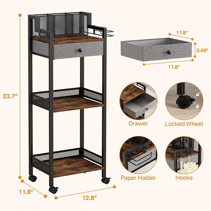 Bathroom Shelves with Drawer, 3 Tier Metal Rolling Standing Unit Storage Organizers with Toilet Paper Holder, Multifunctional Floor Corner Rack for Cosmetic, Dryer Curling Irons 12.8in Wide
