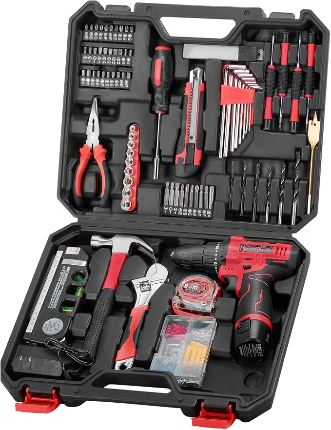 Cordless Drill Tool Set: 12V Power Drill Tool Kit with Battery & Charger, 142Pcs Hand Drill DIY Toolbox, Portable Household Basic Electric Drill Set for Men & Women, Red