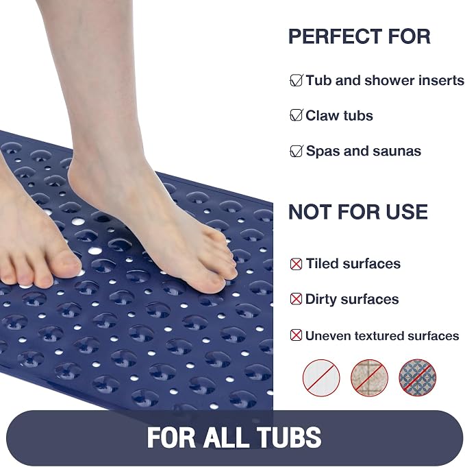 Extra Long Bathtub Mat Non Slip, Navy Blue Soft Bath Mat for Tub 40 x 16 Inch Full Size, Bath Tub Shower Mats for Bathroom Floor, Big Suction Cups and Drain Holes, Easy Washable, BPA Free