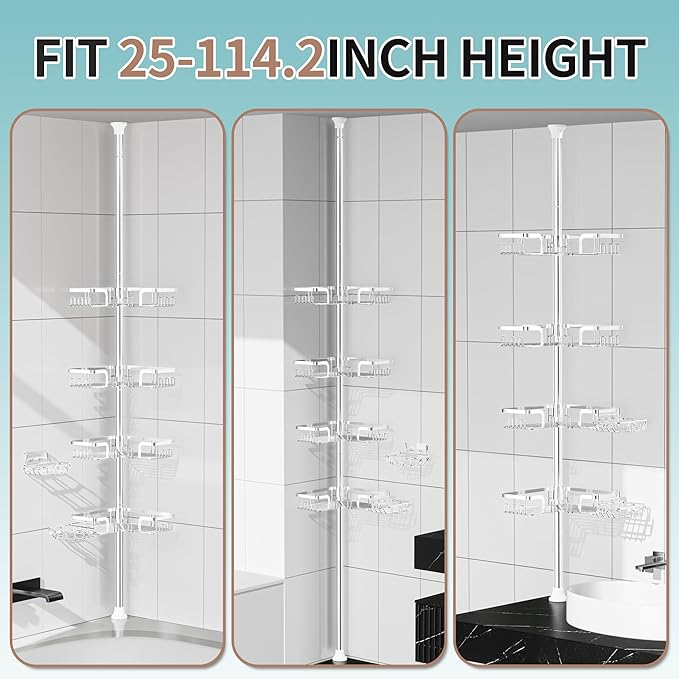 KEGII Shower Caddy Tension Pole – Corner Rustproof Bathroom Organizer with Soap Holder & Hooks, No-Drill Adjustable Shower Shelf for Renters for Families & Renters, 25-114.2 Inch, Silver
