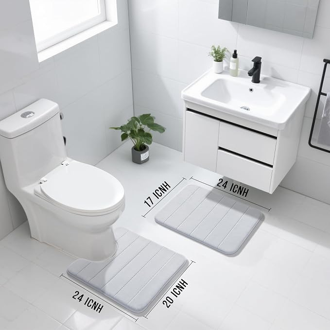 Yimobra U-Shaped Toilet Bath Mat Set 2 Piece - Super Soft Absorbent Quick Dry Memory Foam Bathroom Rugs, Machine Washable Non Slip Floor Carpet for Tub Shower & Single Sink (17x24 & 24x20, Silver)