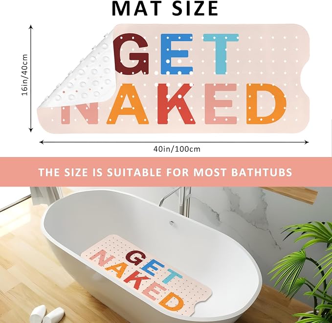 Get Naked Bath Mat for Tub, Non Slip Bathtub Mat for Baby Rubber Tub Mat, Cute Kids Bath Mats for Bathroom Funny Anti Slip Shower Mat with Suction and Drain Holes Machine Washable, 40″X16″