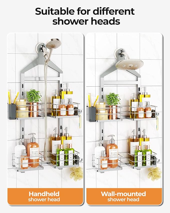 ODesign 2 Tier Height-Adjustable Shower Caddy Hanging Anti-Swing-Over The Shower Head Caddy-Storage Organizer Bathroom Shelves Basket-Silver