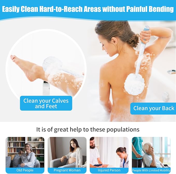 VANZAVANZU Loofah Sponge Set Back Scrubber for Shower, Anti-Slip Plastic 17" Handle Loofah on a Stick with Fluffy Shower Sponge, PE Soft Mesh Shower Loofahs-White with Blue Grip