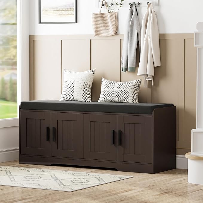 Homleke 2-Tier Storage Bench, Shoe Bench with Thickened Padded Seat Cushion, Entryway Bench with 4 Doors, Adjustable Shelf, 13.8" D x 45.3" W x 18.5" H, for Entryway, Living Room, Bedroom, Brown