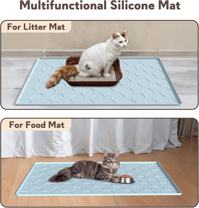 Garoopion Silicone Cat Litter Trapping Mat, Large Waterproof 34" X 22" Cat Litter Box Mat, Easy to Clean, Blue