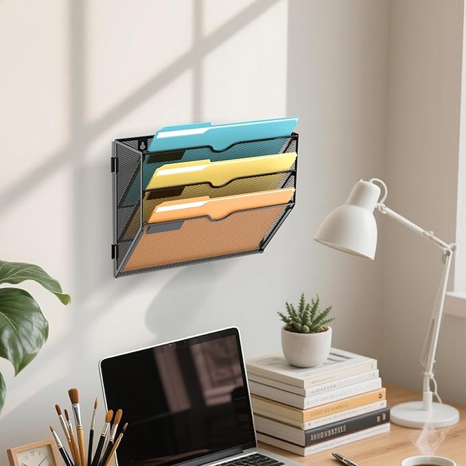 SUPEASY 3 Tier Wall File Organizer, Hanging Wall Mounted Mail Organizer with Label Slots, Metal Mesh File Holder Magazine Rack for Office, Home, School or Classroom, Black