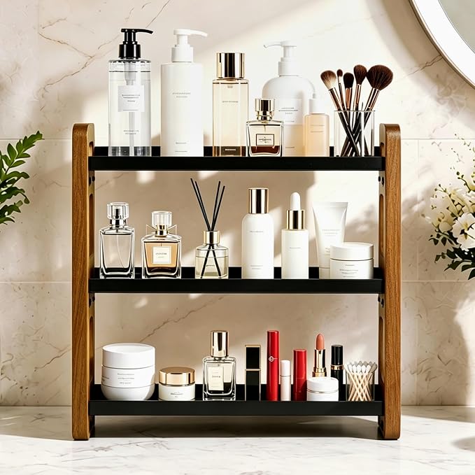 3-Tier Acacia Wood Bathroom Countertop Organizers and Storage, Vanity Bathroom Sink Organizer Shelf for Skin Care Makeup Cologne and Perfume, Small Countertop Storage Organizer for Dresser