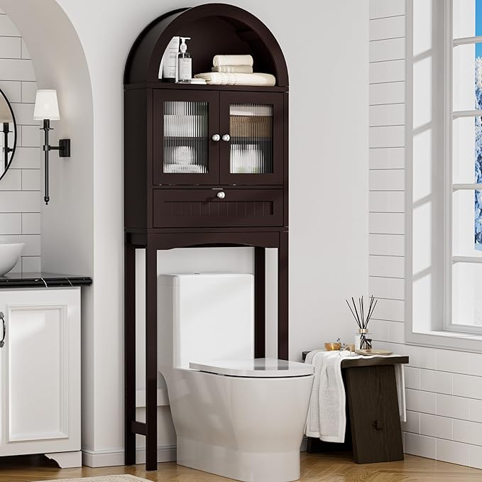 Spurgehom Over The Toilet Storage Cabinet, Bathroom Shelf Organizer Freestanding, Bathroom Arch Cabinet Over Toilet with Glass Door and Anti-Tipping Device, Coffee