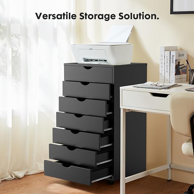 OLIXIS 7 Drawer Mobile File Cabinet Under Desk Storage Organization with Wheels Vertical Filing Chest Rolling Wood Small Desk Printer Stand for Home Office, 15.75"D x 18.74"W x 34.25"H, Black