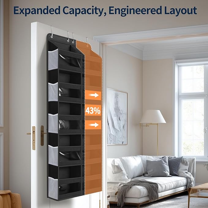 Yecaye 5-Tier Over The Door Organizer Dual-Column, 80lbs Load Over the Door Storage of 10 Compartments, Heavy Duty Extra Large Door Organizer Hanging for Bedroom Nursery Bathroom Pantry, Black, 1 Pack