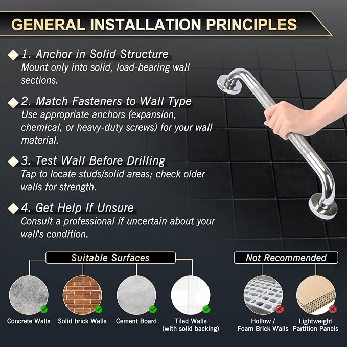 supregear Bathroom Grab Bar Rail, 304 Stainless Steel Non-Slip Bathroom Handle, Safety Handle, Indoor/Outdoor Auxiliary Handle for Kitchen Bedroom Bathtub, Shower and Steps, 10 inch