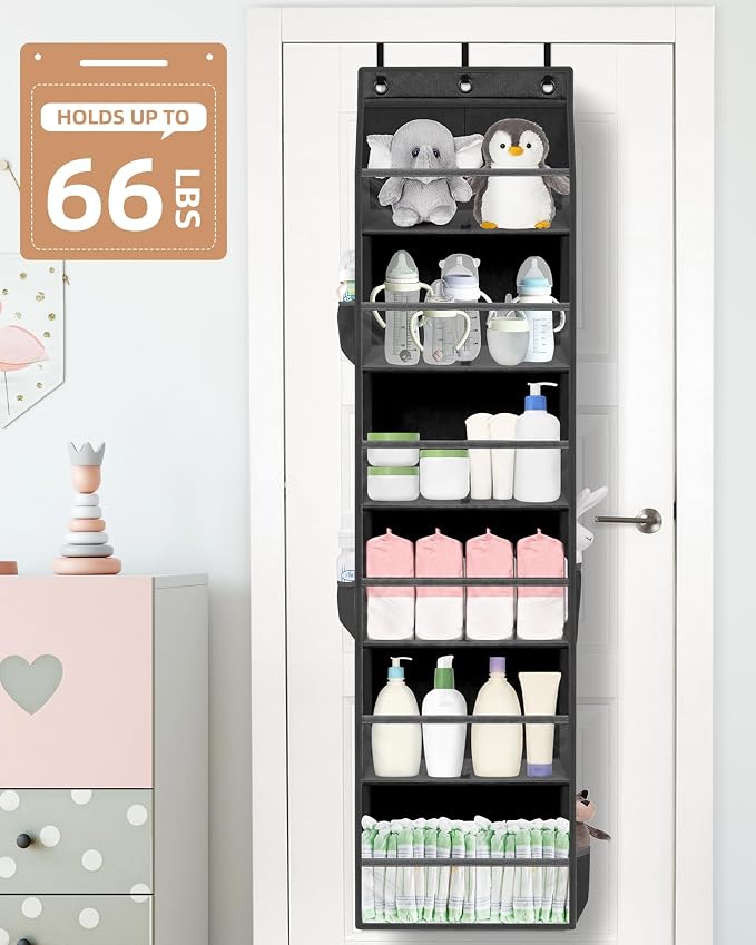 STORAGE MANIAC Over the Door Organizer 6-Shelf Closet Hanging Storage with 14 Mesh Pockets, 66lbs Capacity Clear Deep Pockets Behind Door Storage for Nursery, Bathroom, Bedroom, 1 Pack Black