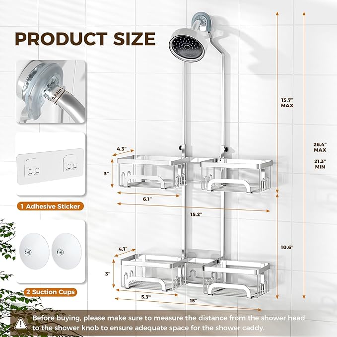 REINHARDT Adjustable Shower Caddy Hanging Split Shower Caddy for Handheld Showerheads, Rustproof Shower Organizer with Hooks for Razor Over the Head Caddy with Soap Holder Bathroom Accessories, Silver