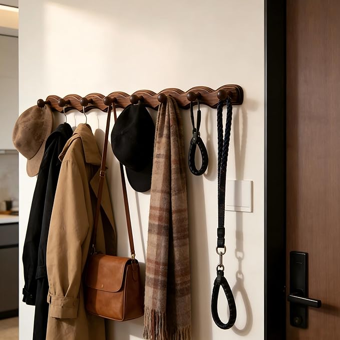 Wood Coat Rack Wall Mount -8 Pack Walnut Coat Hooks for Hanging Clothes,Keys, Robes,Purse,Towels,Bags,Backpack, Modern Decorative Wall hooks Heavy Duty Hanger Organizer for Bathroom,Entryway & Bedroom
