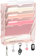 5 Tier Wall File Organizer - Hanging File Organizer with 5 Hooks, Mail Holder Wall Mounted for Papers, Folders, Magazines, Bills, Office&School Organization, Pink