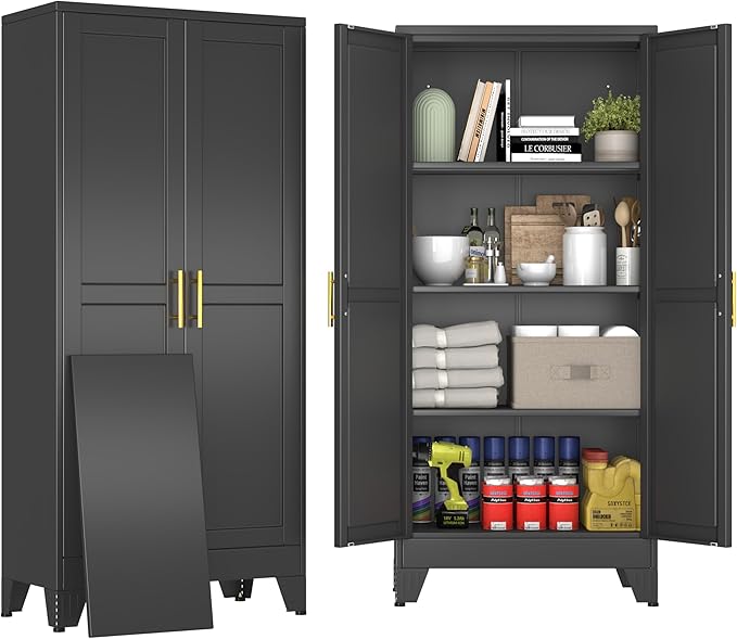 61" Black Metal Garage Storage Cabinet with 2 Doors and 3 Adjustable Shelves,Kitchen Pantry Cabinet,File Cabinet,Steel Tool Cabinet for Home,Office,Garage,School,Warehouse