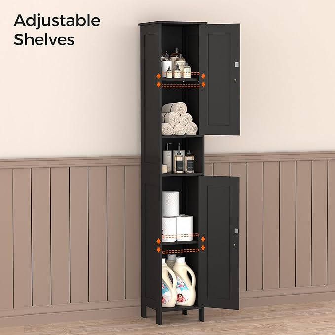 Homleke Tall Bathroom Storage Cabinet with 2 Doors, 67"H Narrow Storage Cabinet with Adjustable Shelves& Anti-Tip Design, Reversible Door Installation, Easy Assembly, 11.8 x 11.8 x 66.9 Inches, Black