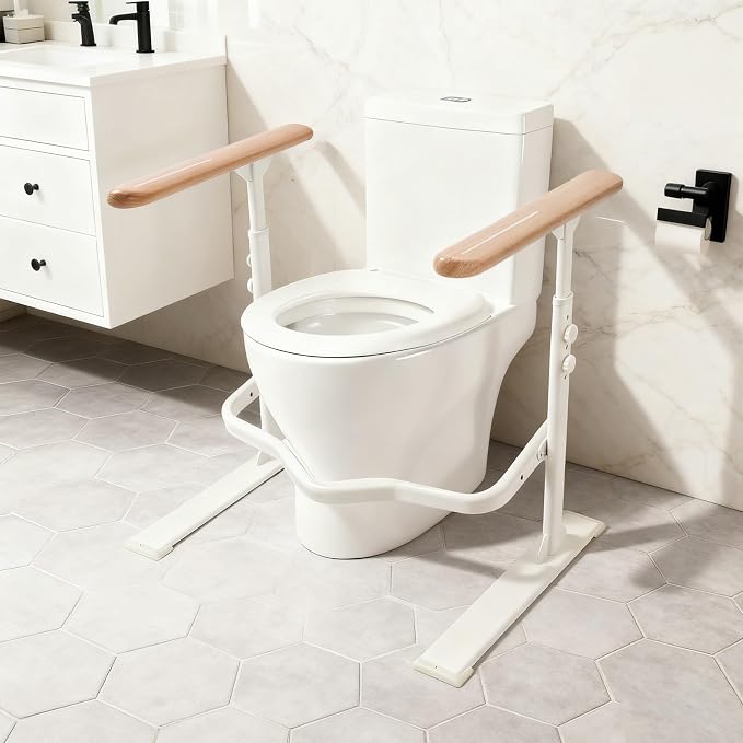 Toilet Safety Rails for Seniors - Toilet Safety Frame with Nighttime Reflective Armrests & Base, 3-Speed Height Adjustment, Toilet Support Frame Fits Most Toilets (Wood Color)
