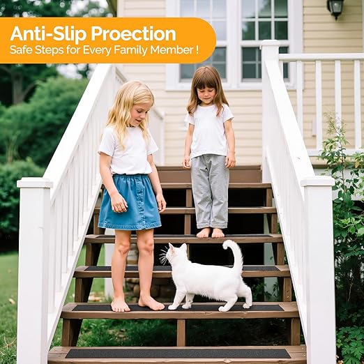 Outdoor Stair Treads Non Slip for Wooden Steps 6" x 30" - 15 Pack Weather Resistant Exterior Grip Tape, Non Slip Stair Treads, Anti Skid Strips, Waterproof 80-Grit High Traction Adhesive Treads, Black