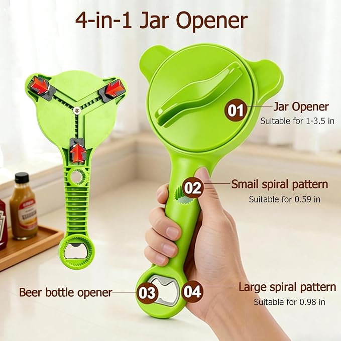 4-in-1 Jar Opener, Adjustable Jar Opener for Seniors, Kitchen Tool Designed Specifically for Seniors and Those with Limited Physical Strength, Suitable For Beer, Salad Dressing, Jar (Green)