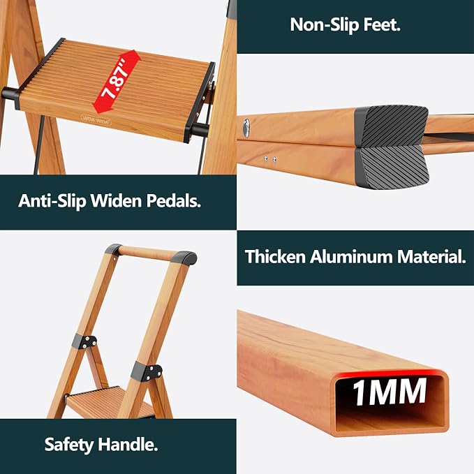 WOA WOA 4 Step Ladder, Ladders for Home, Anti-Slip Pedals, Aluminum Step Stool Foldable, Lightweight to Move, Ease of Storage, Reach 9ft for Closet Kitchen Library, Hold 300lbs - Wood Grain
