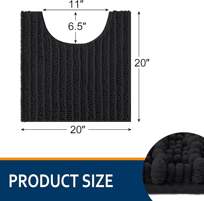 Smiry Bathroom Toilet Rugs U Shaped 20x20, Extra Soft Absorbent Non Slip Rubber Backing Chenille Contour Bath Rugs for Toilet, Machine Washable Contoured Bath Mats, Black