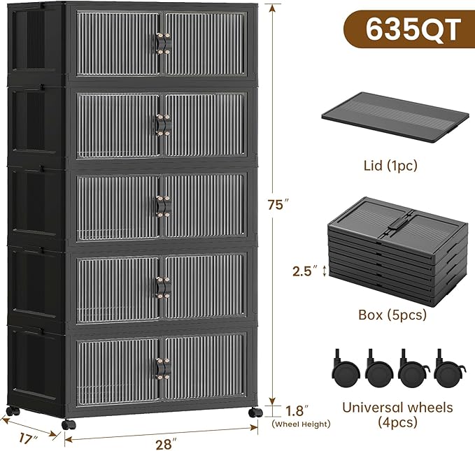 SAILUN 635Qt Extra Large Stackable Storage Bins Folding Collapsible Storage Bins with Lid, Closet Organizers and Storage Box with Door Black 28" W x 17" D x 75" H