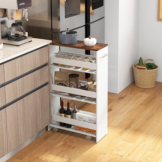 Giantex 4 Tier Rolling Slim Storage Cart, 8" Narrow Slide Out Kitchen Cart w/Handle & Open Shelves, Space-Saving Compact Mobile Utility Trolley for Small Space Laundry Room (White & Natural)