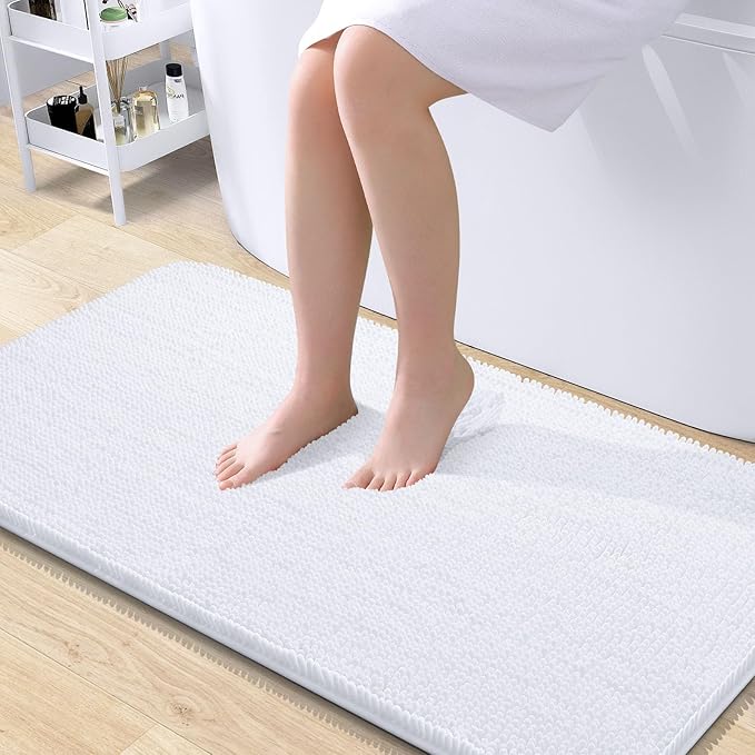 OLANLY Large Bathroom Rugs 45x27, Extra Soft Absorbent Chenille Bath Rugs, Rubber Backing Quick Dry, Machine Washable Bath Mats for Bathroom Floor, Tub and Shower, Home Decor Accessories, White