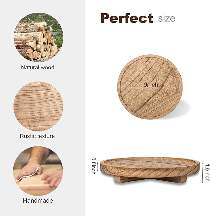 Round Decorative Tray Wood Bathroom Counter Organizer Farmhouse Kitchen Decor Wooden Riser for Soap Dish, Perfume, Candle, Sponge, 9" - Brown