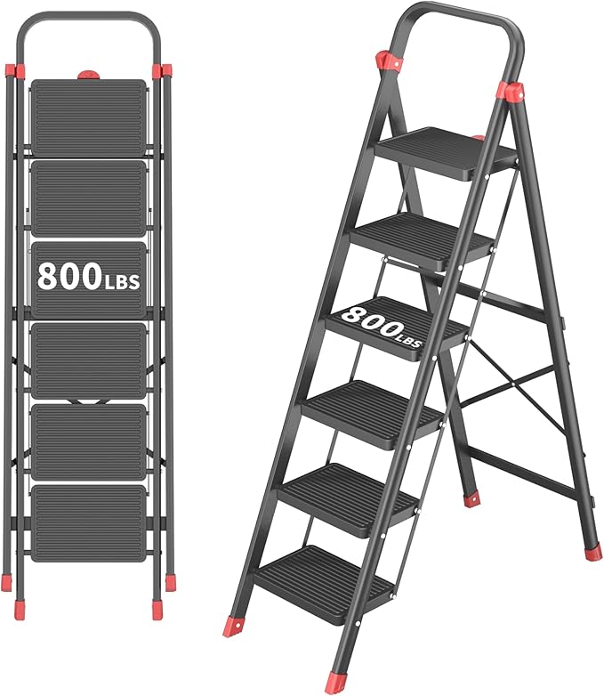 DIAMONDFORGE 6-Step Folding Step Stool Ladder with Handle, Anti-Slip Wide Pedals & Feet, 800lbs Capacity Sturdy Ladder for Home Kitchen Adults, Black Red