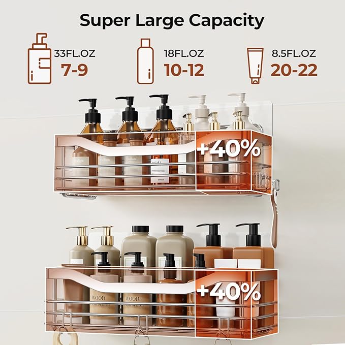 Orimade Shower Caddy Basket Shelf with 5 Hooks Adhesive Organizer Storage Rack Rust Resistant Wall Mounted Stainless Steel No Drilling for Bathroom, Toilet, Kitchen - 2 Pack