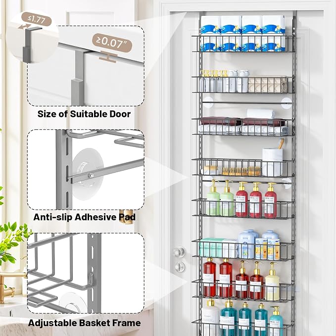 ElegantArray 9-Tier Pantry Door Oragnizer, Over The Door Pantry Organizer Rack and Storage, Hanging Spice Rack Shelves Door, Home Office Laundry Room Bathroom & Kitchen Organization, Light Gray